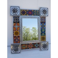 14" PUNCHED TIN MIRROR with mixed talavera tiles mexican folk art wall deco   173251497759